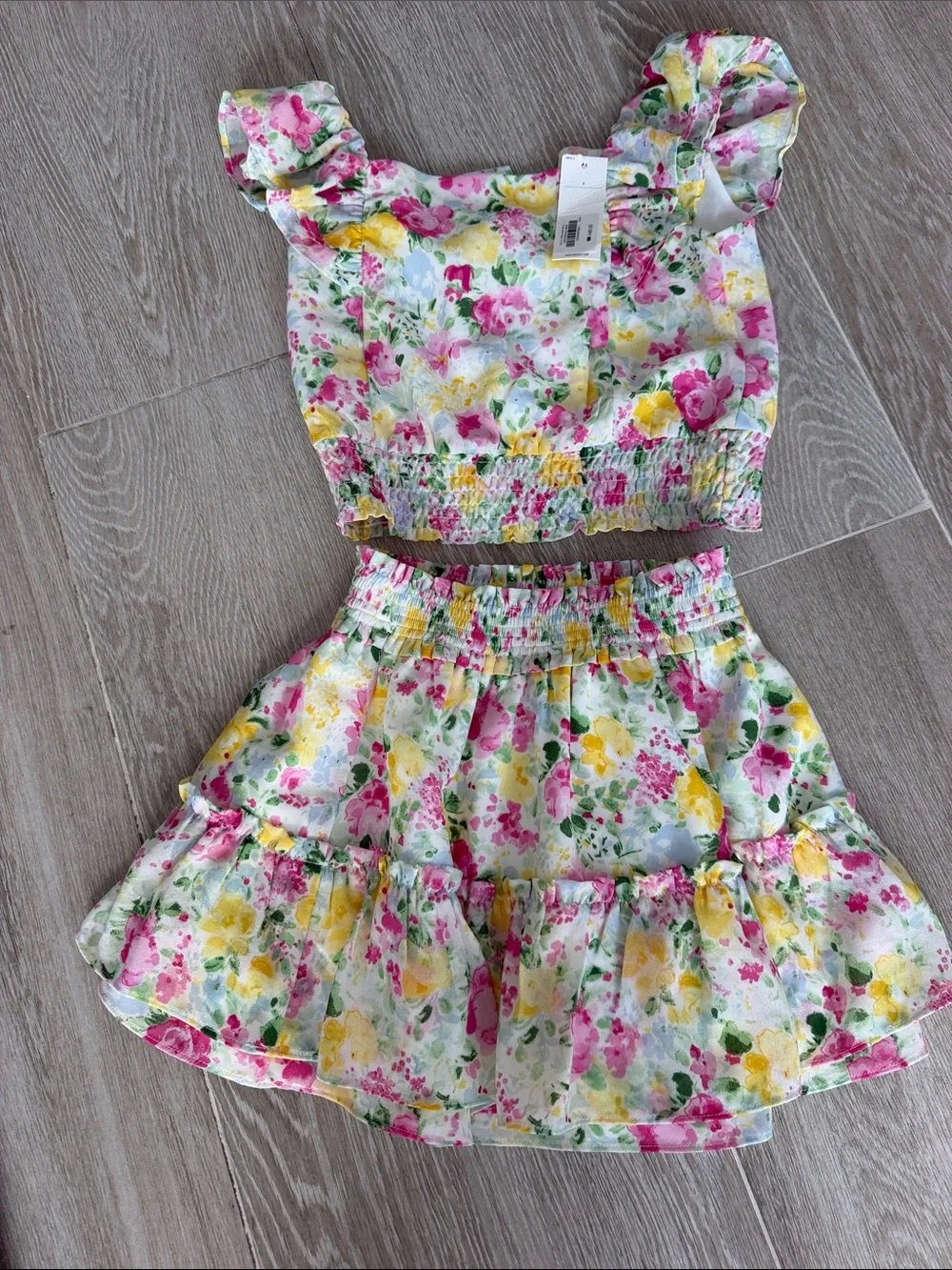 Janie and Jack Floral Ruffle Crop Top & Tiered Skirt Set - Pink, Yellow, Green